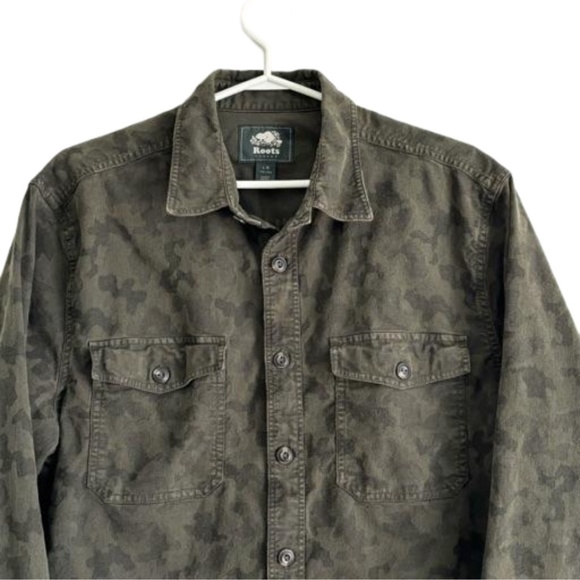 Roots men's green camo print button down long sleeve cotton blend shirt size L - Picture 1 of 14